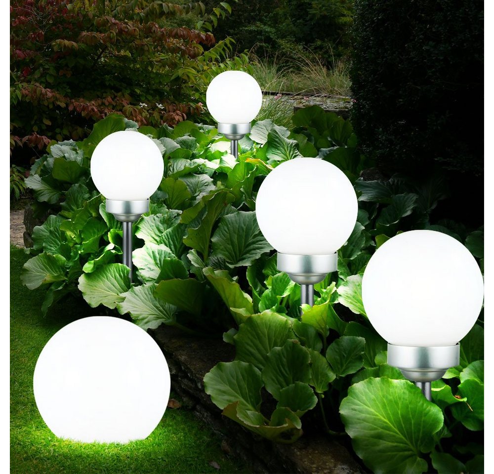 Expo Börse LED Gartenleuchte, LED-Leuchtmittel fest verbaut, Solarkugel Balkonlampe Außenlampe LED Erdspieß Gartendeko weiß 5er Set von Expo Börse