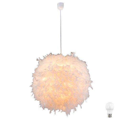 etc-shop LED Pendelleuchte Hängelampe Leuchte Pendellampe Federlampe Schlafzimmerlampe Wohnzimmer, Textil weiß Federn, 11W 1055lm warmweiß, DxH 60x130 cm von etc-shop