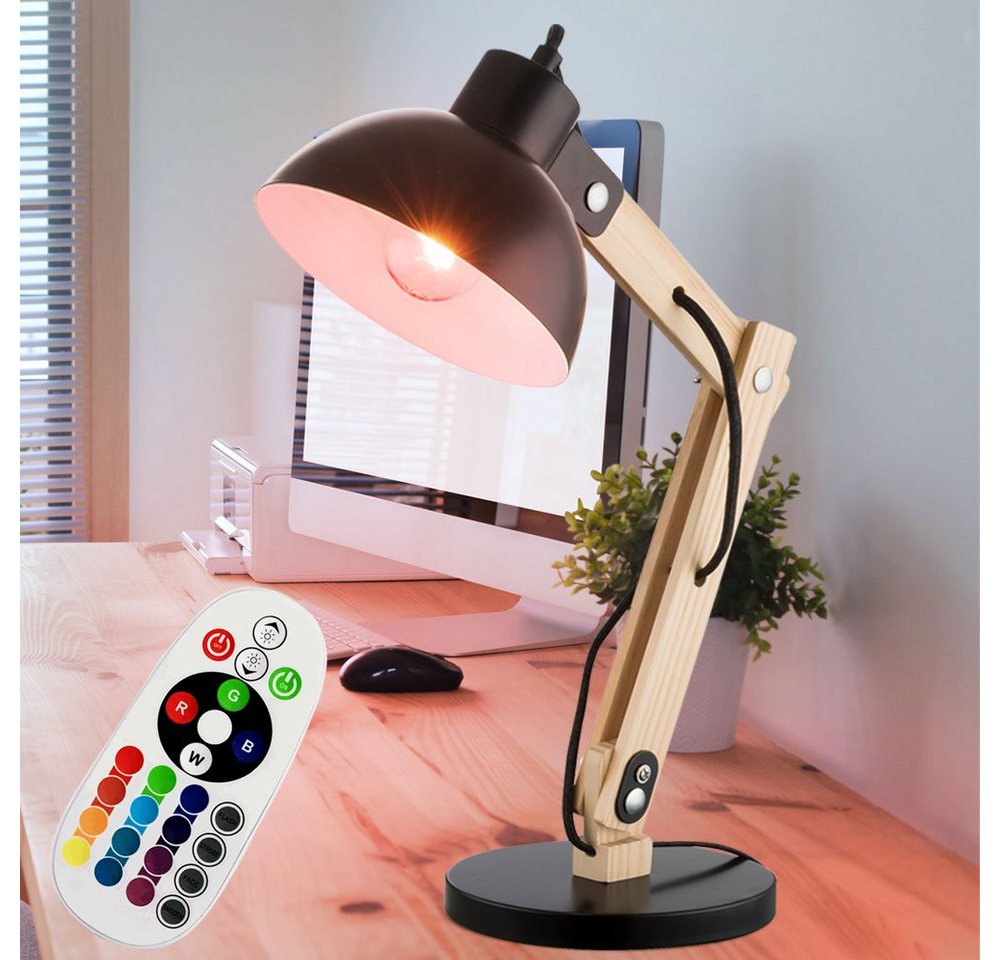 etc-shop LED Schreibtischlampe, Leuchtmittel inklusive, Warmweiß, Farbwechsel, Holz Tischleuchte dimmbar mit Fernbedienung Nachttischleuchte von etc-shop