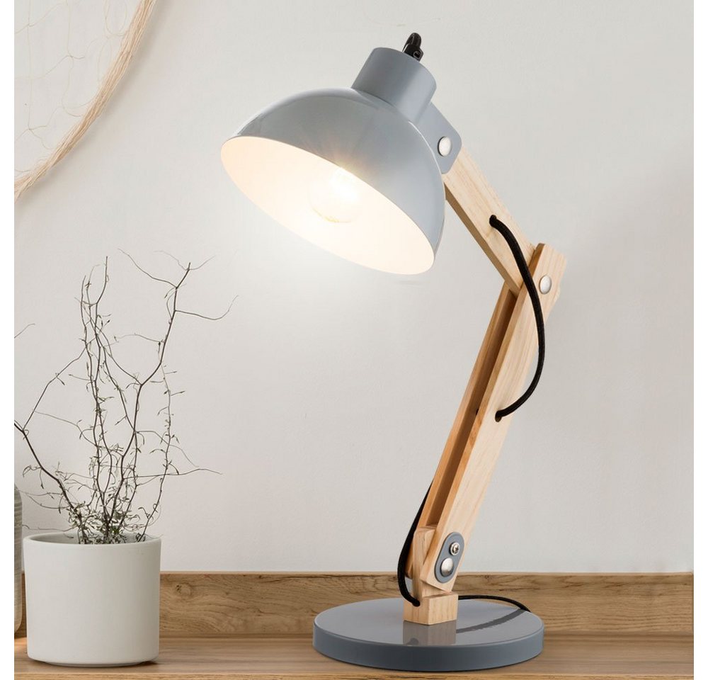 etc-shop LED Schreibtischlampe, Leuchtmittel nicht inklusive, Schreib Tisch Lampe Leuchte Holz Metall Grau Kabel 1,5 m Schlaf Zimmer von etc-shop
