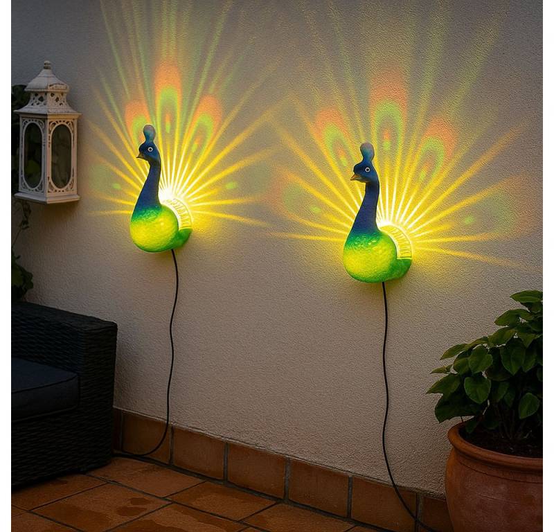 etc-shop LED Solarleuchte, LED-Leuchtmittel fest verbaut, Solarleuchte Pfau Wandlampe LED Lichteffekt RGB Farbwechsel 2er Set von etc-shop