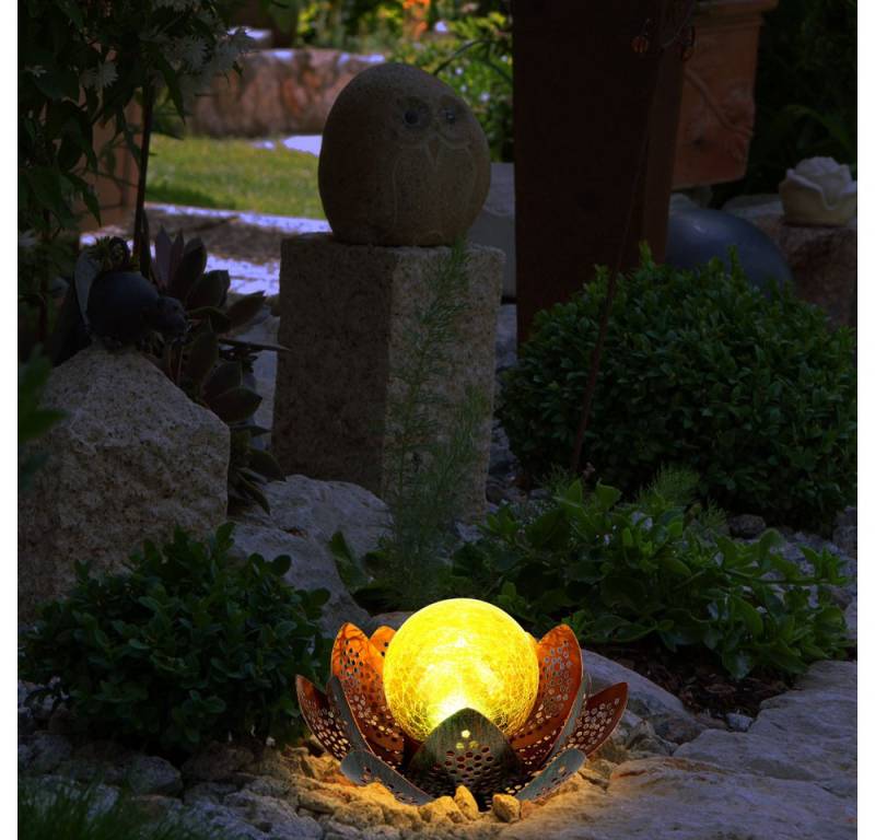 etc-shop LED Solarleuchte, Leuchtmittel inklusive, Warmweiß, Solarleuchte Außenlampe Gartenlampe Lotus Blume Crackle-Glas von etc-shop