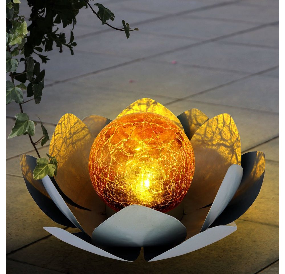 etc-shop LED Solarleuchte, Leuchtmittel inklusive, Warmweiß, Solarleuchte Außenlampe Gartenlampe Lotus Blume Crackle-Glas von etc-shop