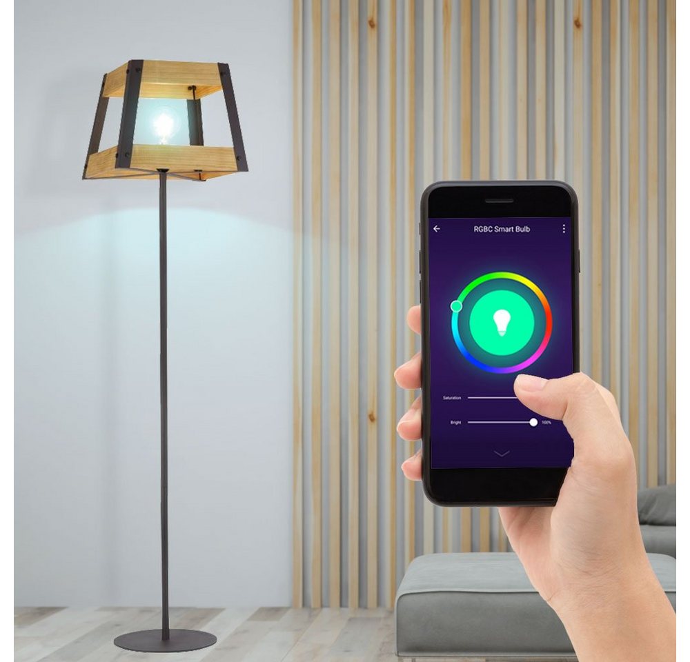 etc-shop LED Stehlampe, Smart RGB LED Decken Fluter Retro Eisen Holz Steh Lampe dimmbar Sprach App steuerbar über Handy von etc-shop