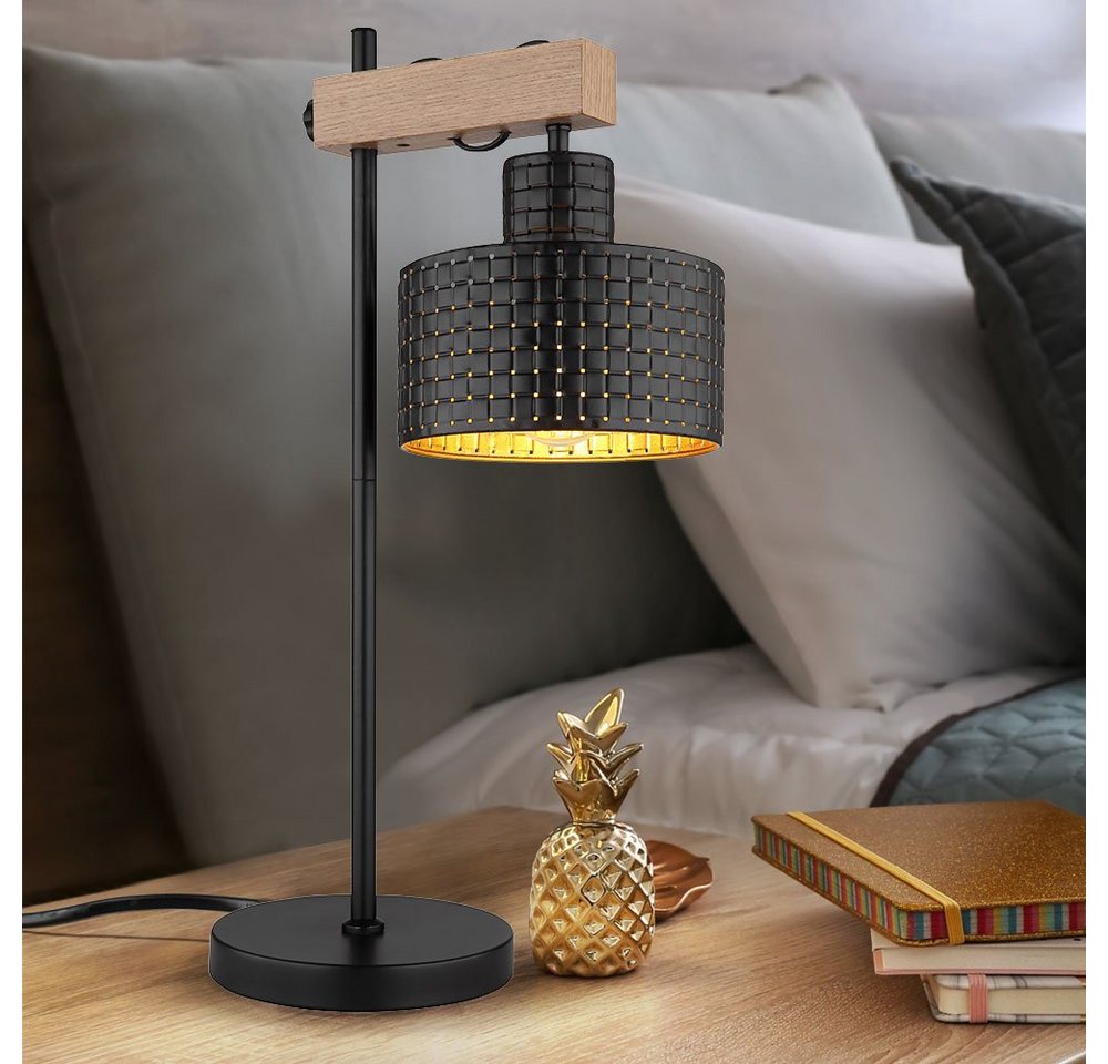 etc-shop LED Tischleuchte, Tischlampe Leuchte Nachttischlampe Holzoptik schwarz gold Wohnzimmerleuchte 31cm von etc-shop