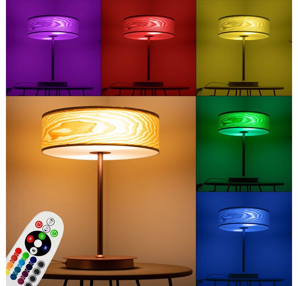 etc-shop LED Tischleuchte, Tischleuchte Holz dimmbar Nachttischlampe Schlafzimmer Fernbedienung Tischlampe Leseleuchte Kupfer, Holzschirm, 2x RGB LED 9W 806Lm warmweiß, DxH 32x40 cm von etc-shop