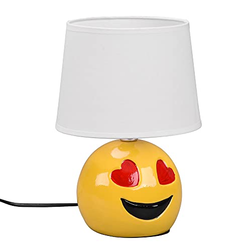 etc-shop Nachttischlampe Keramik Tischlampe für Schlafzimmer Wohnzimmerlampe Tischlampe Modern, Emoji mit Herzaugen gelb, Textil weiß, E14 Fassung, DxH 18x26 cm von etc-shop