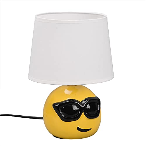 etc-shop Nachttischlampe Keramik Tischlampe für Schlafzimmer Wohnzimmerlampe Tischlampe Modern, Emoji mit Sonnenbrille gelb, Textil weiß, 1x E14 Fassung, DxH 18x26 cm von etc-shop