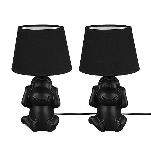 etc-shop Nachttischleuchte Affe Tischlampe Keramik schwarz Beistellleuchte Affe Stoffschirm, Schnurschalter, 1x E14 Fassung, DxH 17x27 cm, 2er Set von etc-shop