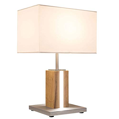 etc-shop Nachttischleuchte Textil weiß Tischleuchte Holz Eiche Tischlampe Holz Landhaus, Stripe dimmbar, 1x E27 1x LED 5 Watt, H 48 cm von etc-shop