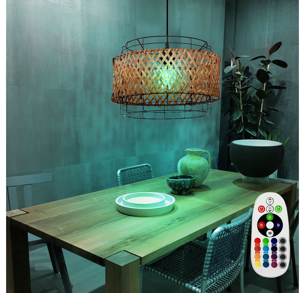 etc-shop LED Pendelleuchte, Leuchtmittel inklusive, Warmweiß, Farbwechsel, Bambus Lampe hängend Hängelampe Esstisch Deckenlampe Boho Style von etc-shop