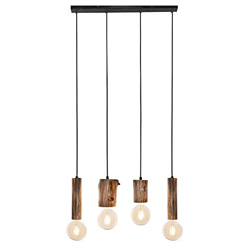 etc-shop Pendelleuchte Holz Hängeleuchte Vintage Deckenlampe Küchen, Metall schwarz Eukalyptus, 4 flammig, H 150 cm, Esszimmer Wohnzimmer von etc-shop