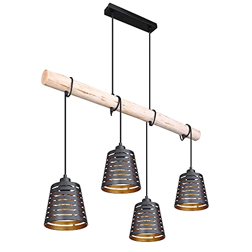 etc-shop Pendelleuchte Holzbalken Hängelampe Retro Esszimmerlampe hängend mit vier Metallschirmen, schwarz gold, 4x E27, LxBxH 85x17x120 cm, Wohnzimmer etc-shop Pendelleuchte Holzbalken Hängelampe Retro Esszimmerlampe hängend mit vier Metallschirmen, schwarz gold, 4x E27, LxBxH 85x17x120 cm, Wohnzimmer von etc-shop