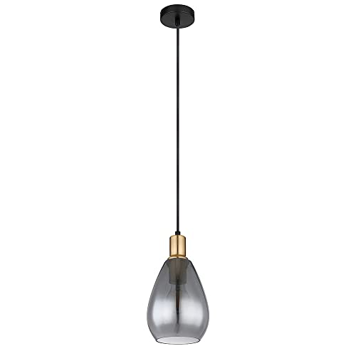 etc-shop Pendelleuchte rauchglas Hängelampe Esszimmer 1 Flammig schwarz Deckenleuchte hängend, Metall messing, E27 Fassungen, DxH 15x120 cm von etc-shop