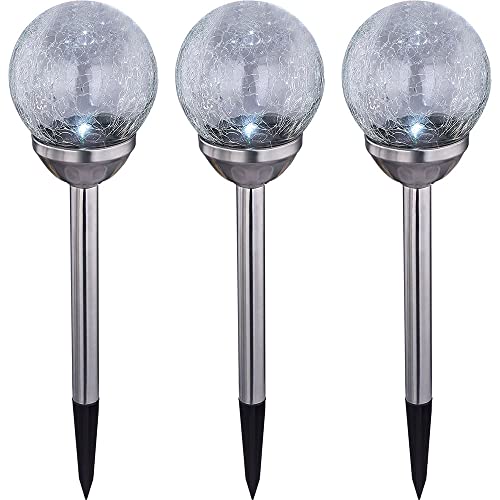 etc-shop Solar Kugel Steckleuchte Glaslampe Gartendeko Solarlampen Glaskugel Erdspieß, Crackle Design, LED, H 55 cm, Garten Balkon, 3er Set von etc-shop