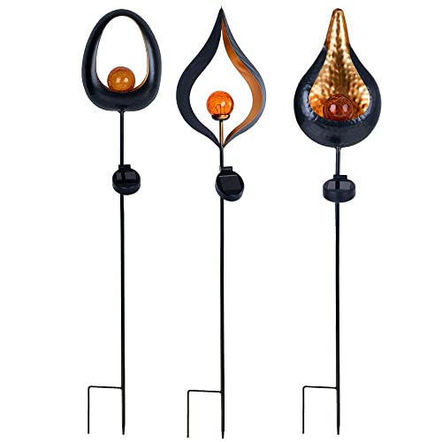 etc-shop Solarleuchte Flamme Garten Solarstab für Außen Solar Deko für Außen mit Erdspieß und Flammeneffekt, Metall Glas, 1x LED, H 93 cm, 3er Set von etc-shop