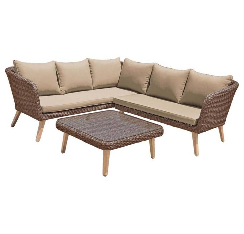 etc-shop Stuhl, Lounge-Set Garten Sofa Eck Couch Alu anisbraun AkazieTerrasse Balkon von etc-shop