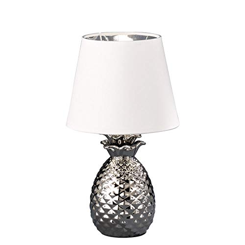 etc-shop Tischlampe Silber Keramik Tischleuchte, LED Warmweiß 5W 470lm, Textil-Schirm Weiß, Nachttischlampe, Leselampe, Ananas-Design, H 35 cm von etc-shop