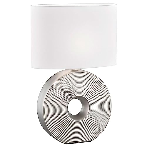 etc-shop Tischlampe silber Beistellleuchte modern Nachttischlampe oval, Designleuchte Leselampe Textil Schirm weiß, Keramik, 1x E27 Fassung, LxBxH 34x17x53 cm von etc-shop