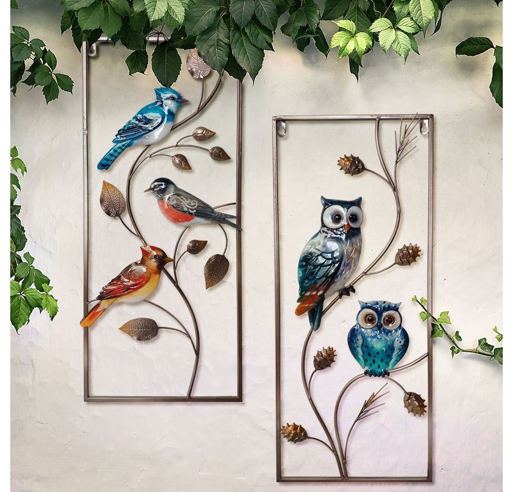 etc-shop Wanddekoobjekt, 2et Außen Wand Behang Eulen Bild Vogel Relief Garten Außen Dekoration von etc-shop