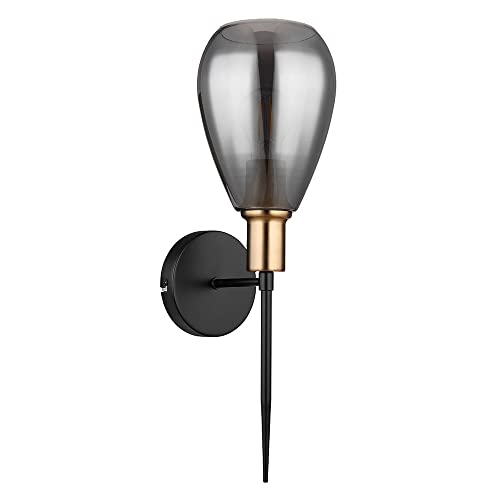 etc-shop Wandlampe Lampenschirm Rauchglas Wohnzimmer Wandfackel Wandlampe schwarz Retro, Metall schwarz Glas, 1x E27 Fassung, HxBxÜ 48x15x19cm von etc-shop