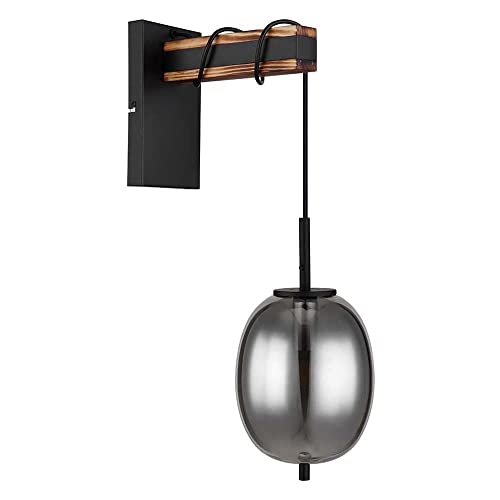 etc-shop Wandlampe Wandleuchte Schlafzimmerleuchte Holzlampe mit Glasschirm zum wickeln, Metall schwarz rauchfarben, 1x E27 Fassung, BxH 15,5x100 cm von etc-shop