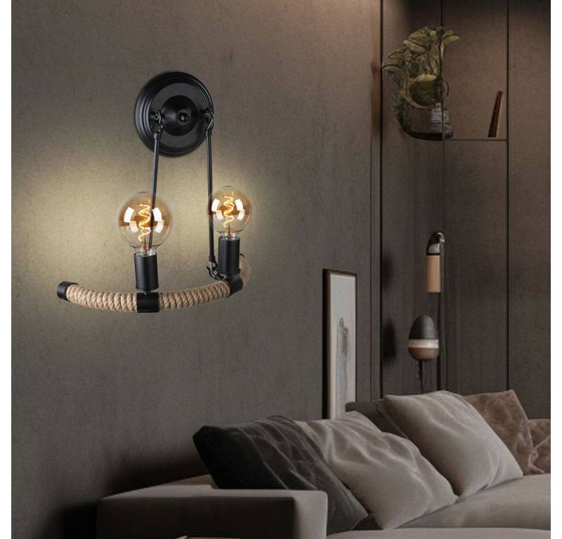 etc-shop Wandleuchte, Leuchtmittel nicht inklusive, Design Wand Lampe schwarz Wohn Zimmer Beleuchtung Hanf Seil von etc-shop