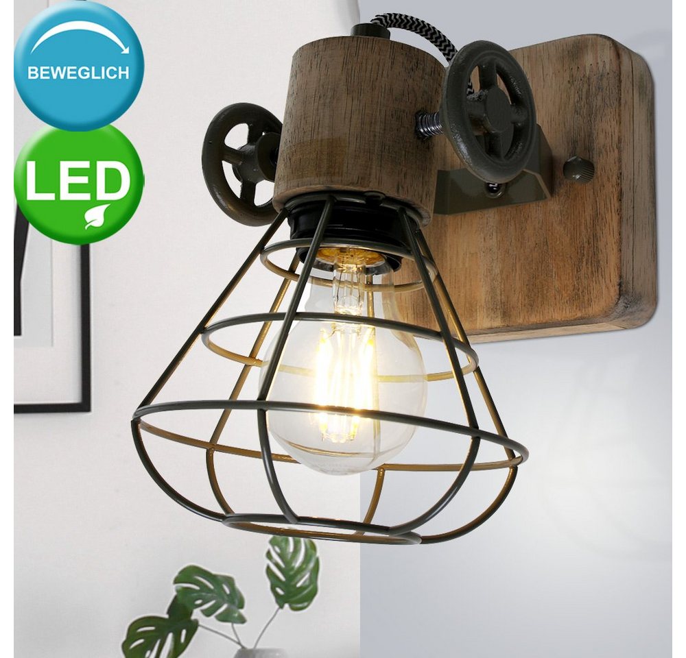 etc-shop LED Wandleuchte, Leuchtmittel inklusive, Warmweiß, Industrial Holz Wand Leuchte Käfig Lampe Spot verstellbar Filament im von etc-shop
