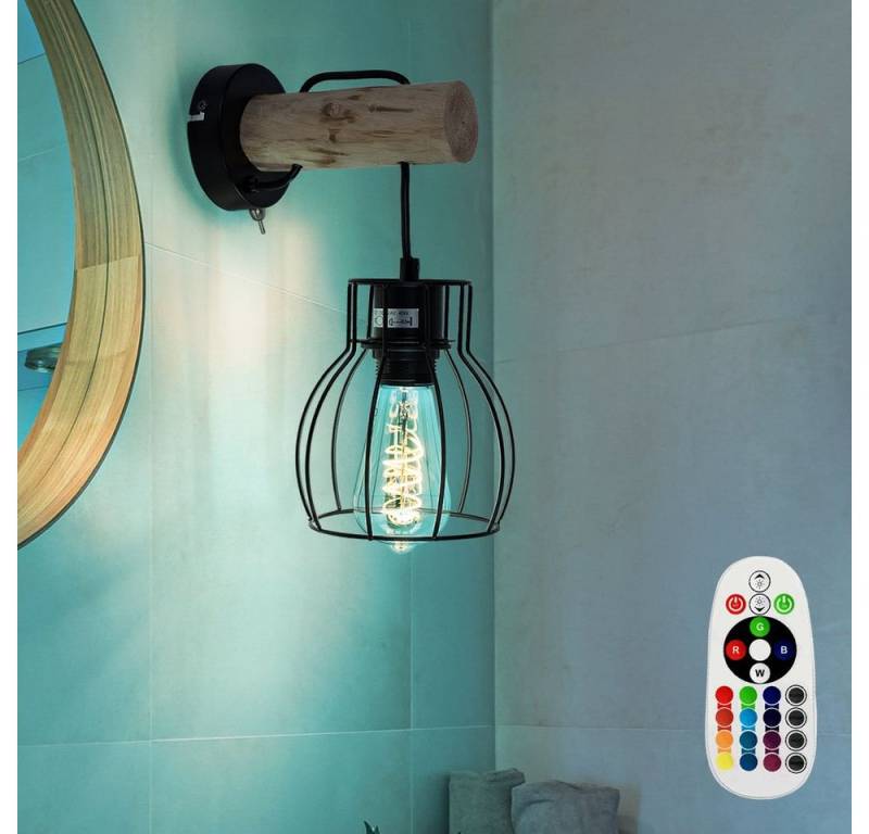 etc-shop LED Wandleuchte, Leuchtmittel inklusive, Warmweiß, Farbwechsel, Retro Wand Leuchte Fernbedienung Käfig Design Holz Natur von etc-shop
