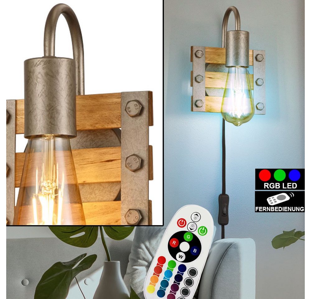 etc-shop LED Wandleuchte, Leuchtmittel inklusive, Warmweiß, Farbwechsel, Vintage Wand Lampe dimmbar Retro Holz Leuchte eckig Design Strahler von etc-shop