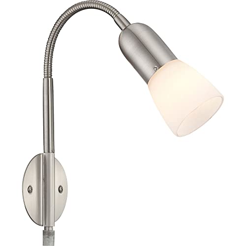 etc-shop Wandleuchte Leselampe Flexo Wandleuchte Schlafzimmer Bett Wandlampe mit Kabel für Steckdose, Spot beweglich, Metall Nickel Glas weiß, 1x E14 Fassung, HxLxBxÜ 46x29,5x23,5x26 cm von etc-shop