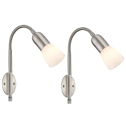 etc-shop Wandleuchte Leselampe Wandlampe Flexo Schlafzimmer Bett mit Kabel, Spot beweglich, Metall Nickel Glas weiß, 1x E14 Fassung, HxLxBxÜ 46x29,5x23,5x26 cm, 2er Set von etc-shop