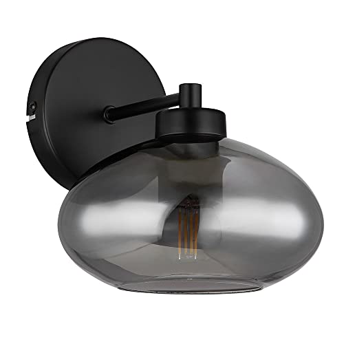 etc-shop Wandleuchte Wandlampe Flurlampe Schlafzimmerleuchte Wohnzimmerlampe, Metall schwarz Glas Rauchoptik, 1x E27 Fassung, HxBxÜ 20x18x22cm von etc-shop