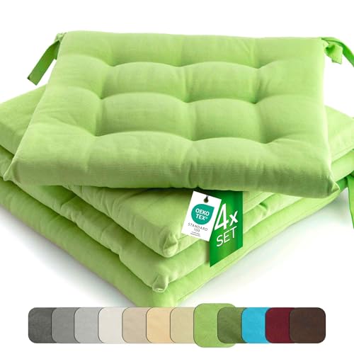 etérea 4er Set Sitzkissen Outdoor 40x40 mit Bändern - Stuhlkissen Grün für Gartenstuhl & Innenbereich - waschbare Sitzauflagen Gartenmöbel - 4 Stück Kissen 40x40 cm - Grün von etérea Himmlische Qualität