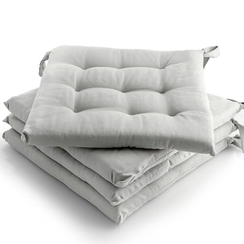 etérea 4er Set Sitzkissen Outdoor 40x40 mit Bändern - Stuhlkissen Silber für Gartenstuhl & Innenbereich - waschbare Sitzauflagen Gartenmöbel - 4 Stück Kissen 40x40 cm - Silber von etérea Himmlische Qualität