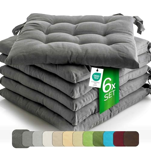 etérea 6er Set Sitzkissen Outdoor 40x40 mit Bändern - Stuhlkissen Anthrazit für Gartenstuhl & Innenbereich - waschbare Sitzauflagen Gartenmöbel - 6 Stück Kissen 40x40 cm - Anthrazit von etérea Himmlische Qualität