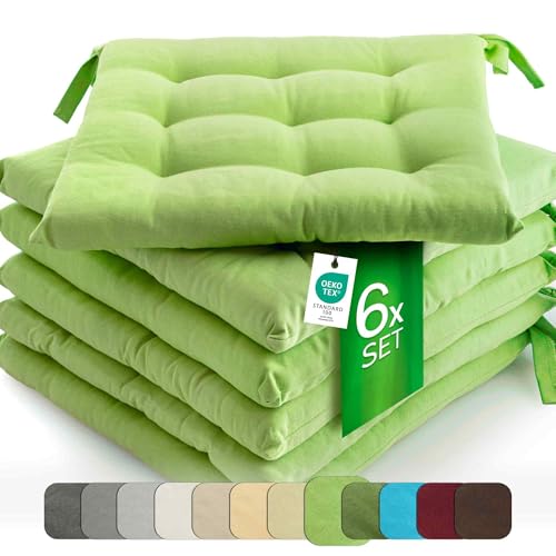 etérea 6er Set Sitzkissen Outdoor 40x40 mit Bändern - Stuhlkissen Grün für Gartenstuhl & Innenbereich - waschbare Sitzauflagen Gartenmöbel - 6 Stück Kissen 40x40 cm - Grün von etérea Himmlische Qualität
