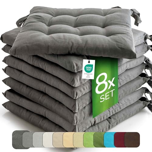 etérea 8er Set Sitzkissen Outdoor 40x40 mit Bändern - Stuhlkissen Anthrazit für Gartenstuhl & Innenbereich - waschbare Sitzauflagen Gartenmöbel - 8 Stück Kissen 40x40 cm - Anthrazit von etérea Himmlische Qualität