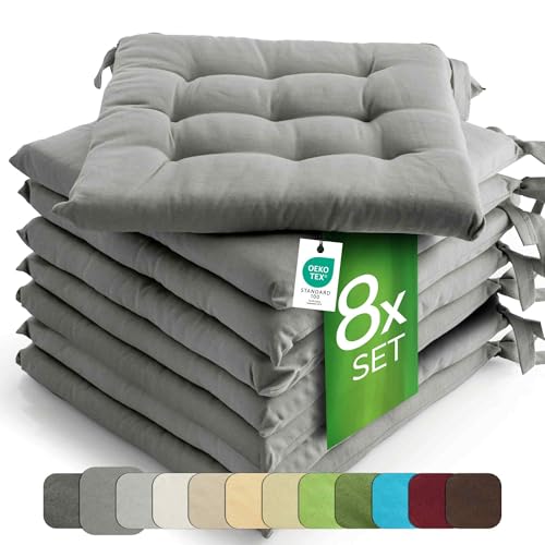etérea 8er Set Sitzkissen Outdoor 40x40 mit Bändern - Stuhlkissen Grau für Gartenstuhl & Innenbereich - waschbare Sitzauflagen Gartenmöbel - 8 Stück Kissen 40x40 cm - Grau von etérea Himmlische Qualität