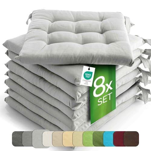 etérea 8er Set Sitzkissen Outdoor 40x40 mit Bändern - Stuhlkissen Silber für Gartenstuhl & Innenbereich - waschbare Sitzauflagen Gartenmöbel - 8 Stück Kissen 40x40 cm - Silber von etérea Himmlische Qualität