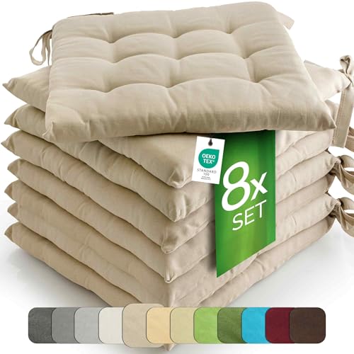 etérea 8er Set Sitzkissen Outdoor 40x40 mit Bändern - Stuhlkissen Taupe für Gartenstuhl & Innenbereich - waschbare Sitzauflagen Gartenmöbel - 8 Stück Kissen 40x40 cm - Taupe von etérea Himmlische Qualität