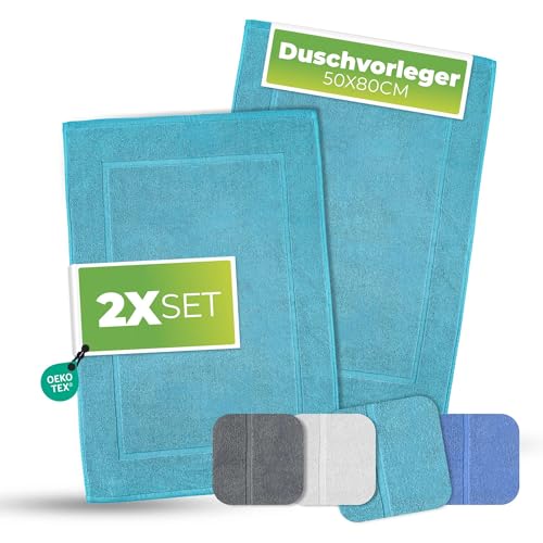 etérea Duschvorleger Frottee - 2er Set - 100% Baumwolle - Carli Classic Badezimmerteppich - Badematte schnelltrocknend - Bathroom Mat Badvorleger Waschbar - 850 GSM Badteppich 50x80 cm -Türkis von etérea Himmlische Qualität