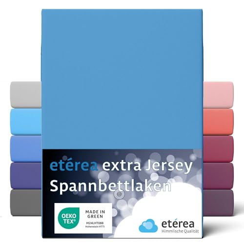 etérea Jersey Spannbettlaken 140x200cm-160x220 für Boxspringbett, Wasserbetten Oekotex Made in Green - 100% Baumwolle gekämmt, Extra Jersey Spannbetttuch bis 35cm Bettlaken 140x200-160x220cm Hellblau von etérea Himmlische Qualität