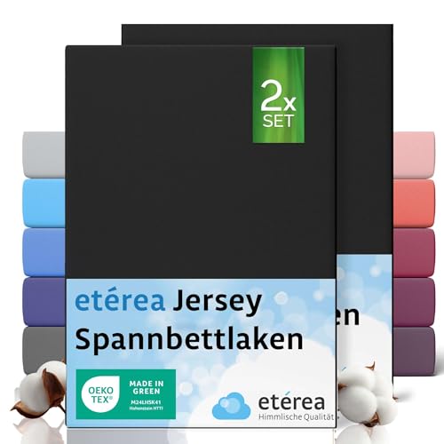 etérea Jersey 2er Set Spannbettlaken 200x220cm Schwarz bis 25 cm Höhe - 100% Baumwolle Spannbetttuch Oekotex - Bed Sheets mit Rundumgummi - Doppelpack Bettlaken 200x220 cm - Black von etérea Himmlische Qualität