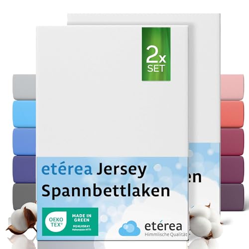etérea Jersey 2er Set Spannbettlaken 200x220cm Weiss bis 25 cm Höhe - 100% Baumwolle Spannbetttuch Oekotex - Bed Sheets mit Rundumgummi - Doppelpack Bettlaken 200x220 cm - White von etérea Himmlische Qualität