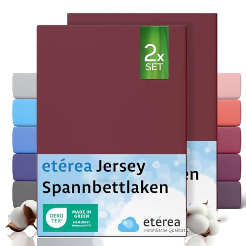 etérea Jersey 2er Set Spannbettlaken 80x160cm - 80x180cm Bordeaux bis 20 cm Höhe - 100% Baumwolle Spannbetttuch Oekotex - Kinder Doppelpack Bettlaken 80x160 cm - 80x180 cm - Weinrot von etérea Himmlische Qualität