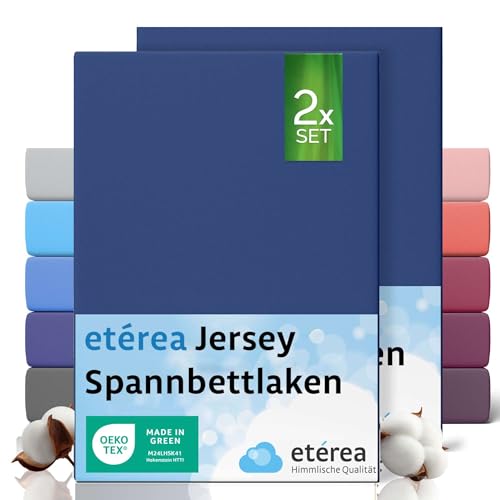 etérea Jersey 2er Set Spannbettlaken 80x200cm Marine bis 20 cm Höhe - 100% Baumwolle Spannbetttuch Oekotex - Kinder Spannbettlaken Bed Sheets - Doppelpack Bettlaken 80x200 cm - Blau von etérea Himmlische Qualität