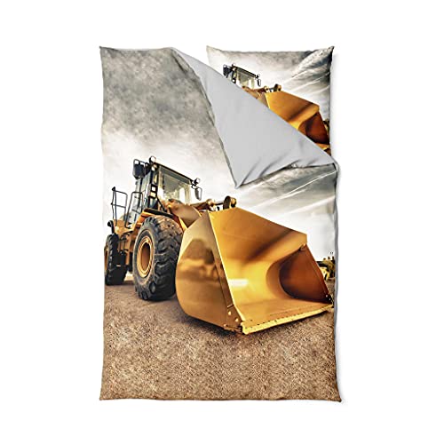 ETÉREA Renforcé Kinder Bettwäsche 135x200cm + 80x80cm - 100% Baumwolle - Bettbezug Bagger Motiv natürlich weich - Bettwäsche Set 135x200cm Bettbezug + 80x80cm Kissenbezug 2teilig - OEKOTEX - Sand von etérea Himmlische Qualität