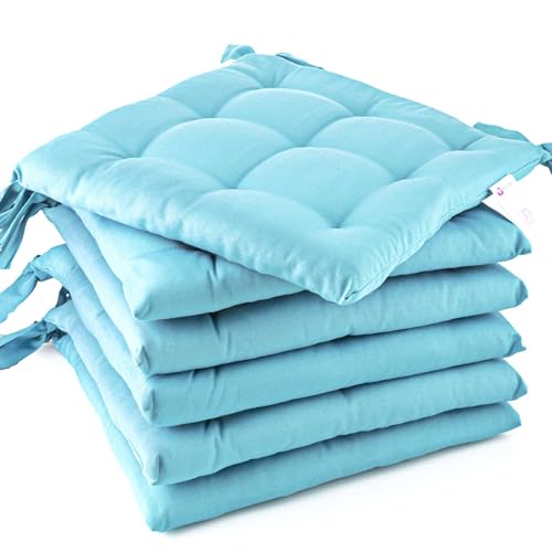 etérea Sitzkissen Stuhl 40x40 6er Set innen - Stuhlkissen Türkis - Sitzauflage Stuhl, Gartenstuhl, Indoor, Outdoor - waschbare Sitzpolster - 6 Stück Kissen 40x40 mit Bänder - Hellblau von etérea Himmlische Qualität