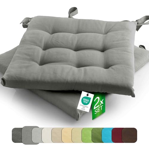 etérea 2er Set Sitzkissen Outdoor 40x40 mit Bändern - Stuhlkissen Grau für Gartenstuhl & Innenbereich - waschbare Sitzauflagen Gartenmöbel - 2 Stück Kissen 40x40 cm - Grau von etérea Himmlische Qualität